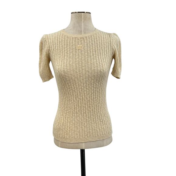 Courreges Vintage Sweater Short Sleeve Ribbed Knit Logo Beige Cream Size 0 XS - Picture 1 of 12